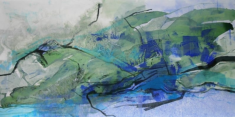 In opdracht gemaakt schilderij van abstract landschap waarin de kleur groen van de bank die er onder moet staan verwerkt is.