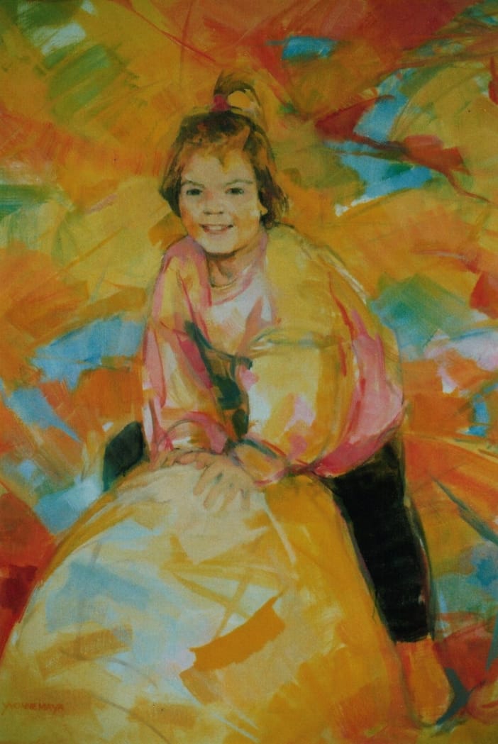 Portret in olieverf op doek van klimmend klein meisje