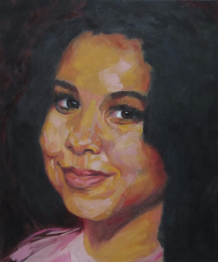 Realistisch olieverf portret van lachend surinaams meisje.